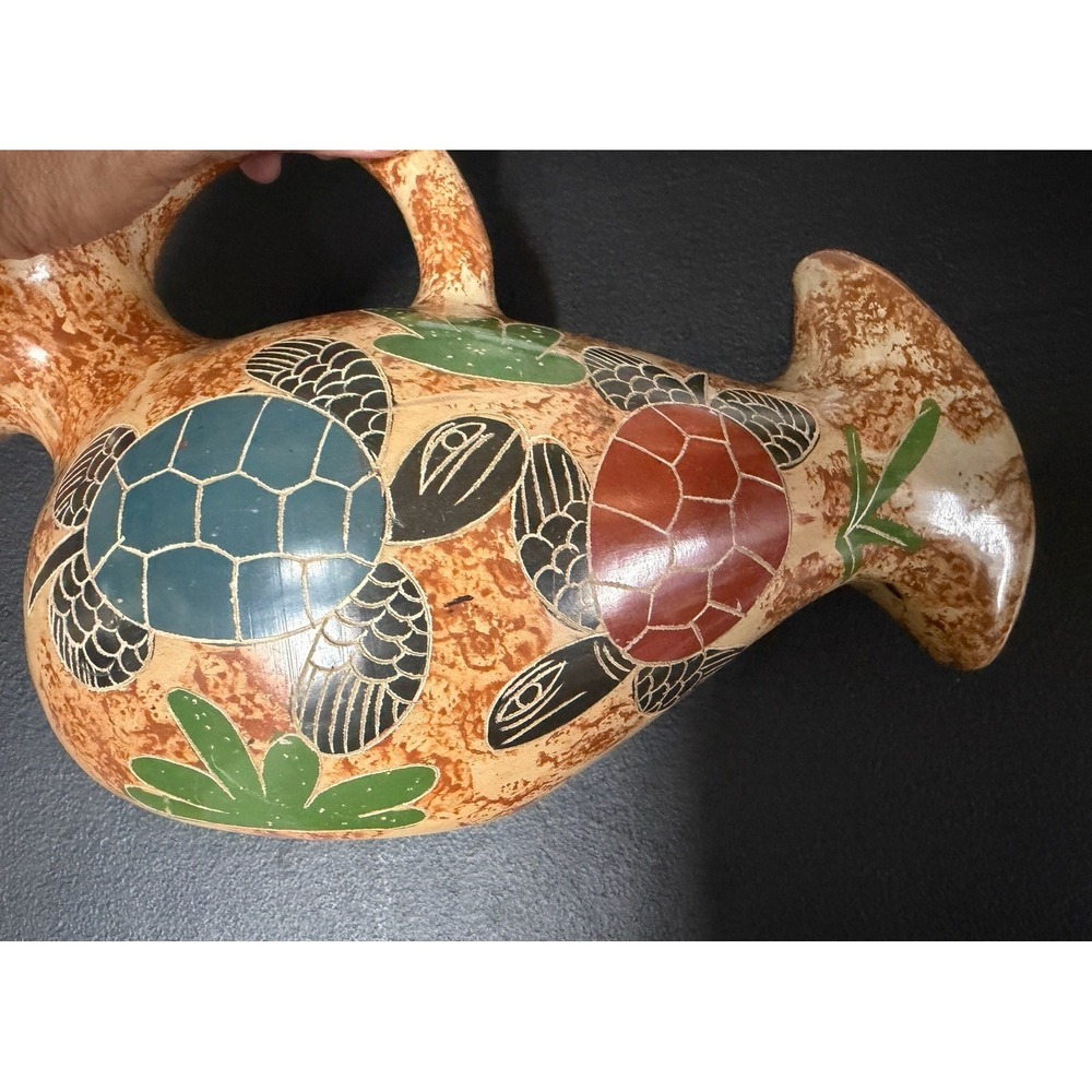 Hand Painted Clay Art Pottery Nicaragua Pitcher Jug  Turtle Folk Candida Cano